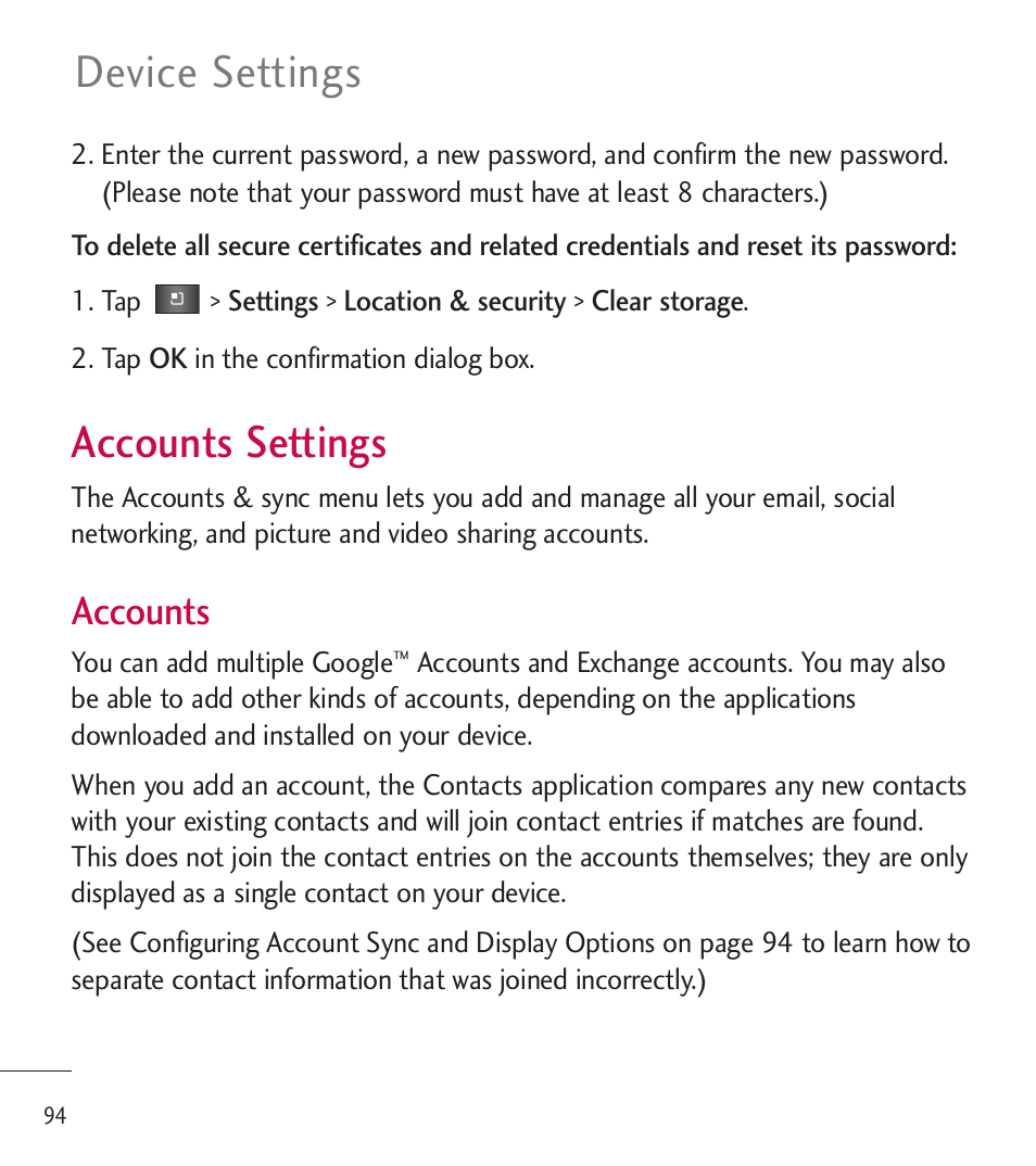 Accounts settings, Device settings, Accounts | LG LGL85C User Manual | Page 96 / 490