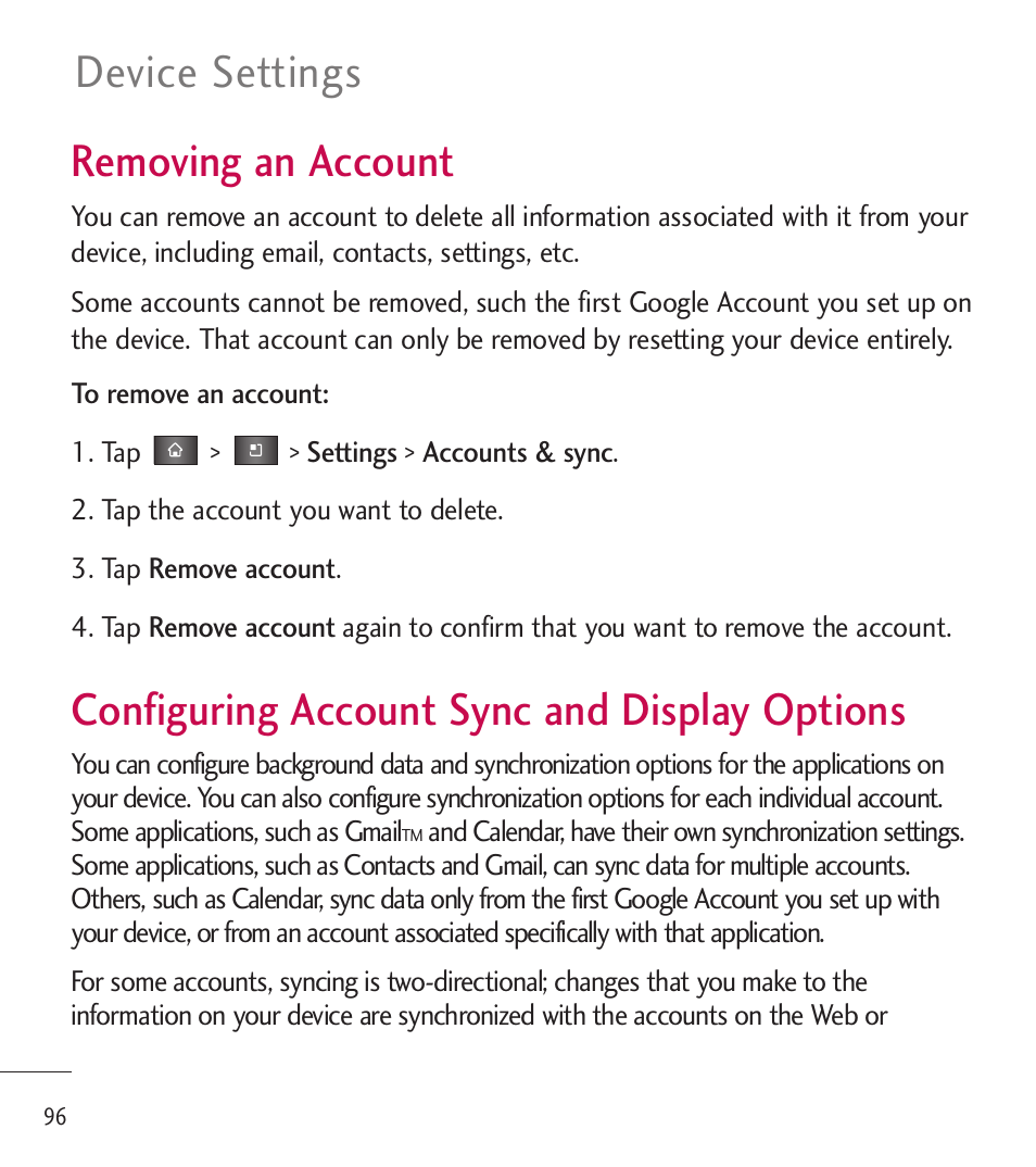 Removing an account, Configuring account sync and display options, Device settings | LG LGL85C User Manual | Page 98 / 490