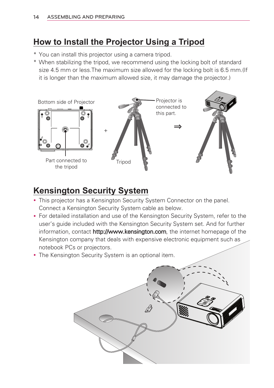 How to install the projector using a tripod, Kensington security system, How to install the projector using | A tripod | LG HW301G User Manual | Page 14 / 70