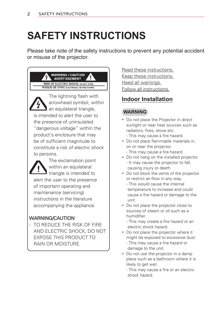 Safety instructions, Indoor installation | LG HW301G User Manual | Page 2 / 70