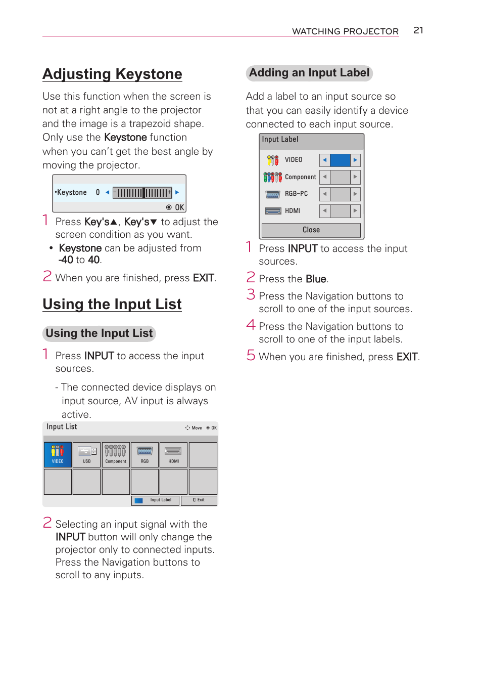 Adjusting keystone, Using the input list | LG HW301G User Manual | Page 21 / 70