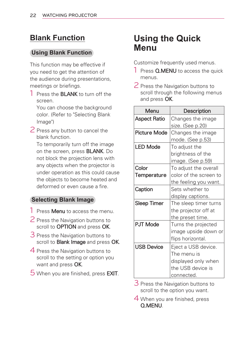 Blank function, Using the quick menu | LG HW301G User Manual | Page 22 / 70