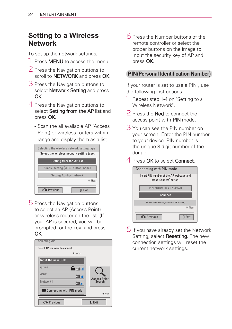 Setting to a wireless network, Setting to a wireless network 24 | LG HW301G User Manual | Page 24 / 70