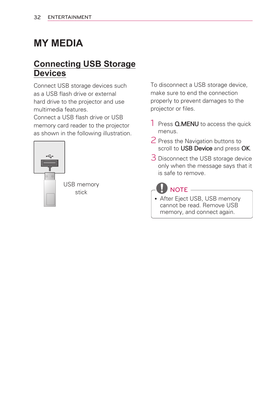 My media, Connecting usb storage devices | LG HW301G User Manual | Page 32 / 70