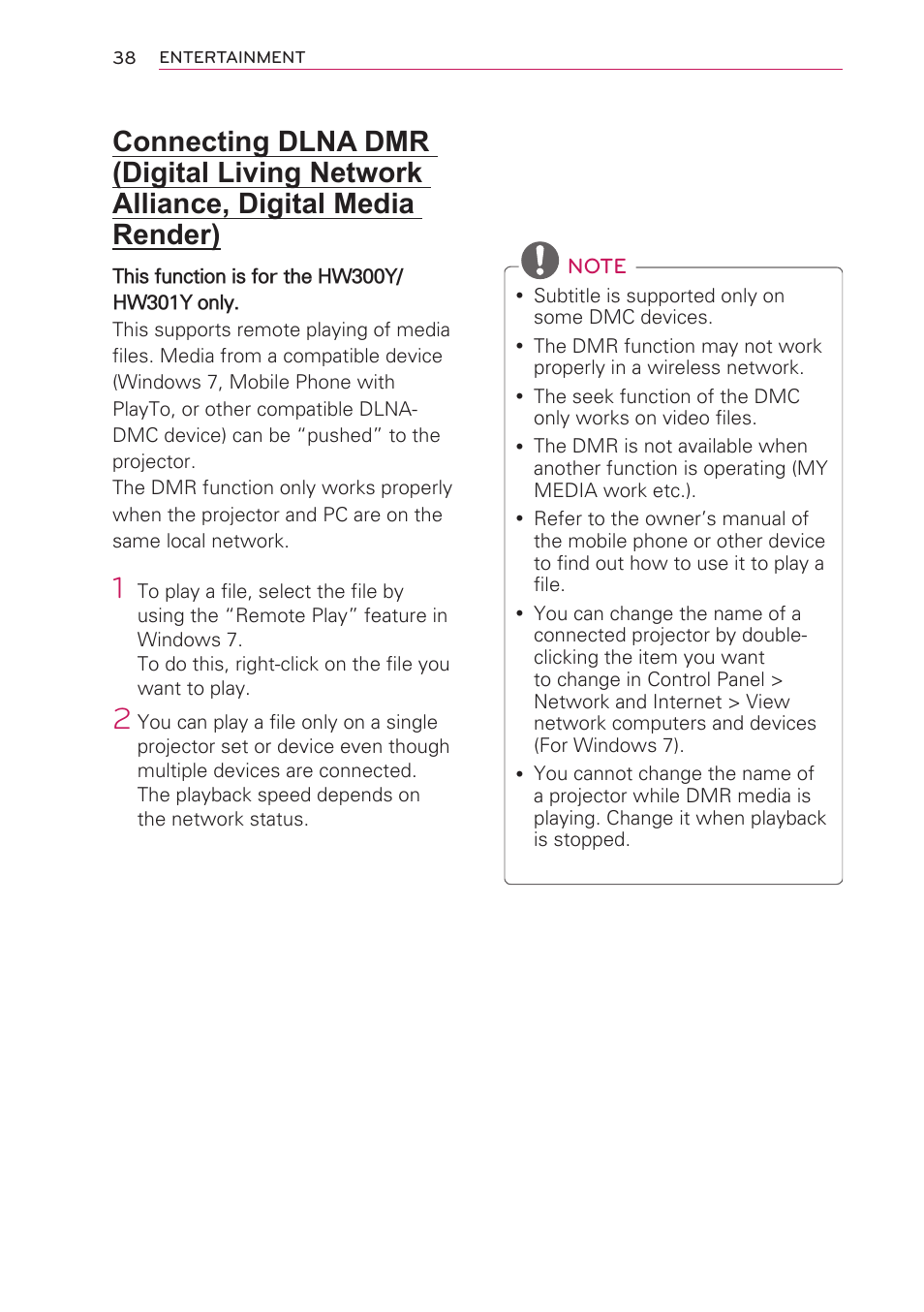 Connecting dlna dmr (digital, Living network alliance, digital media render) | LG HW301G User Manual | Page 38 / 70