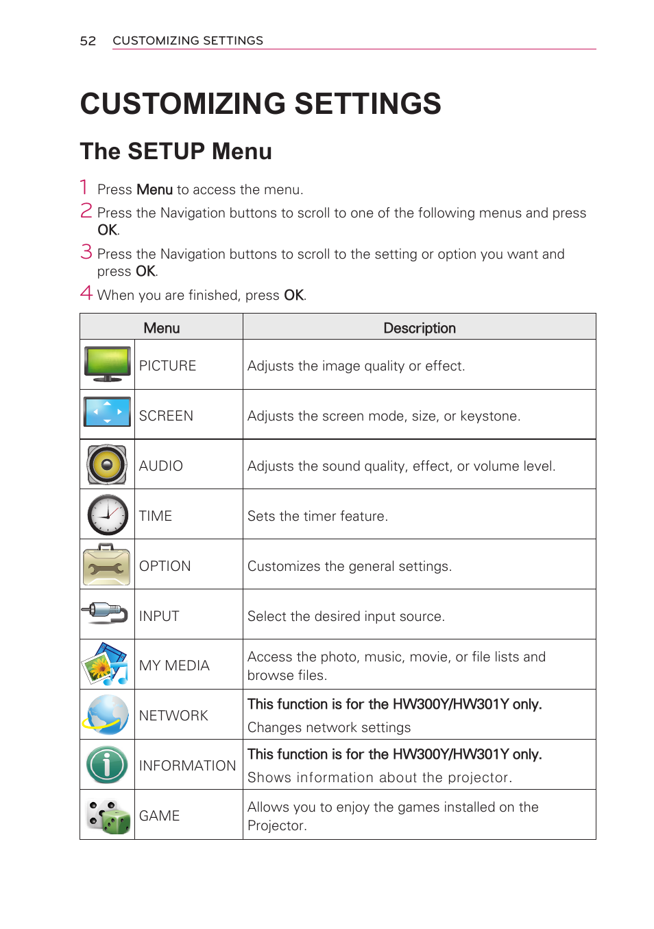 Customizing settings, The setup menu, Customizing settings 52 | LG HW301G User Manual | Page 52 / 70