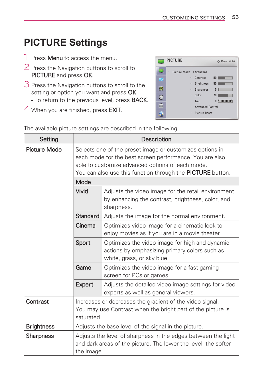 Picture settings | LG HW301G User Manual | Page 53 / 70