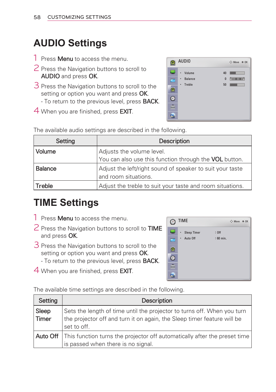 Audio settings, Time settings | LG HW301G User Manual | Page 58 / 70