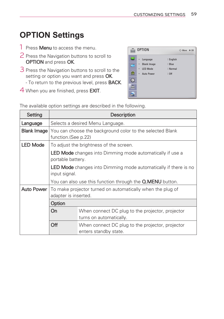 Option settings | LG HW301G User Manual | Page 59 / 70