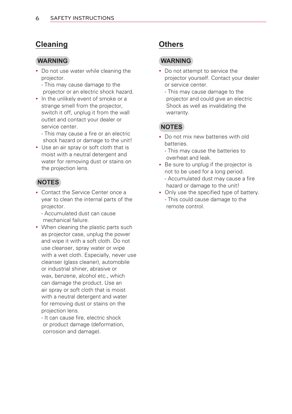 Cleaning, Others | LG HW301G User Manual | Page 6 / 70