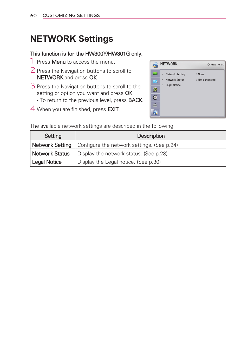 Network settings | LG HW301G User Manual | Page 60 / 70