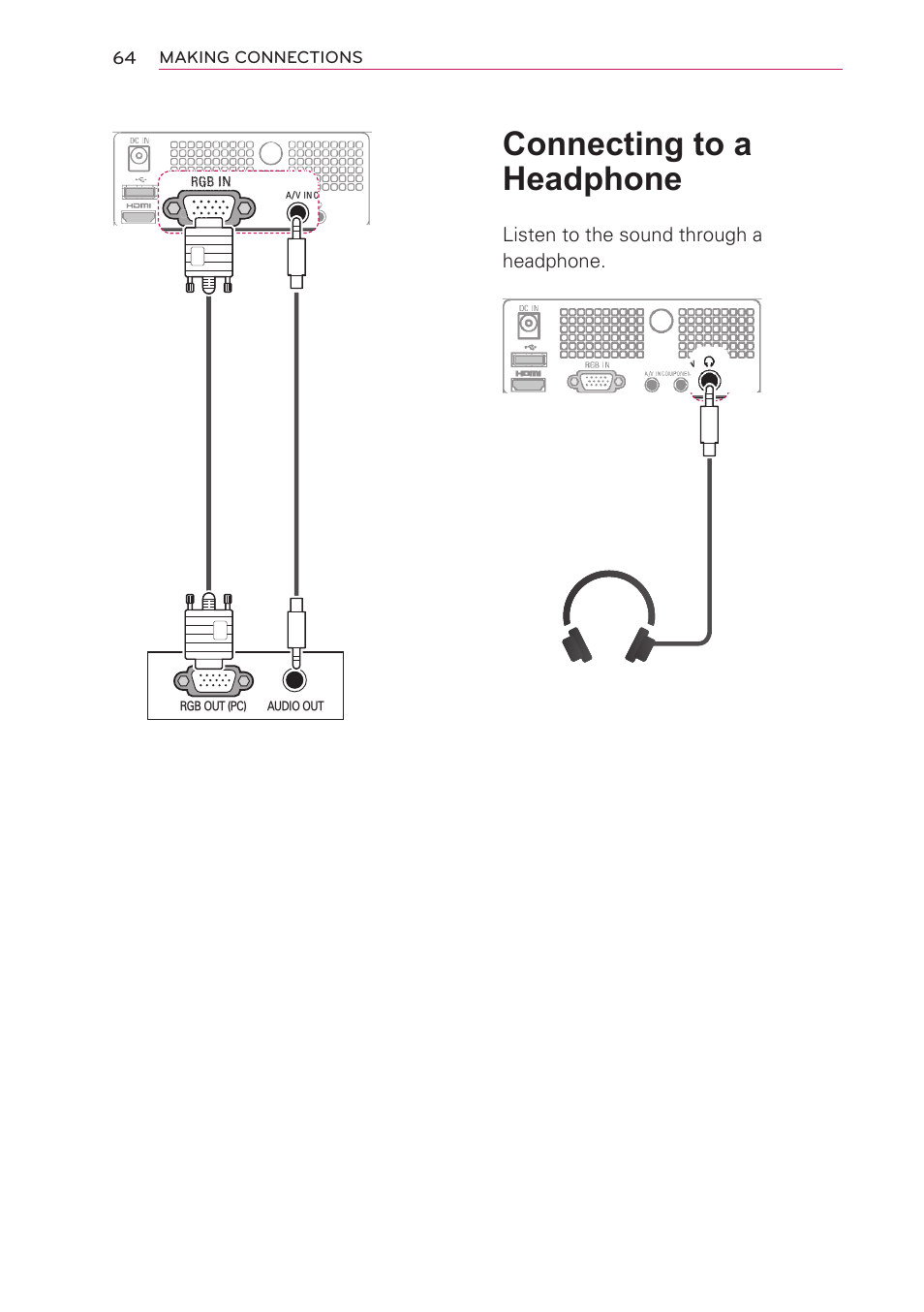 Connecting to a headphone, Listen to the sound through a headphone | LG HW301G User Manual | Page 64 / 70