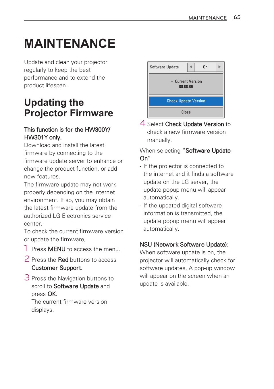 Maintenance, Updating the projector firmware, Updating the projector firmware 65 | LG HW301G User Manual | Page 65 / 70