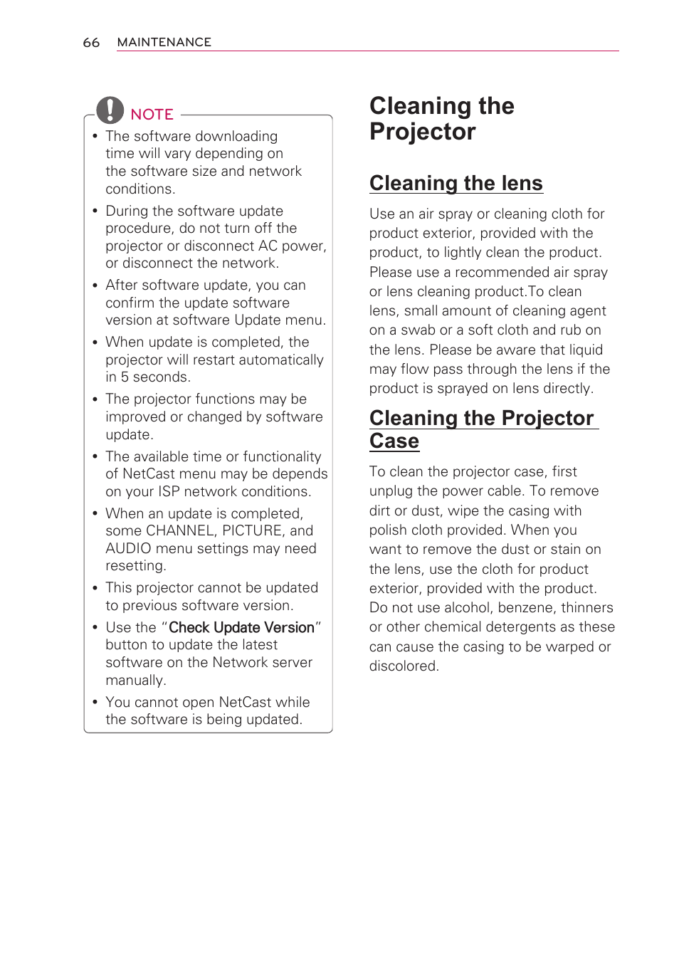 Cleaning the projector, Cleaning the lens, Cleaning the projector case | LG HW301G User Manual | Page 66 / 70