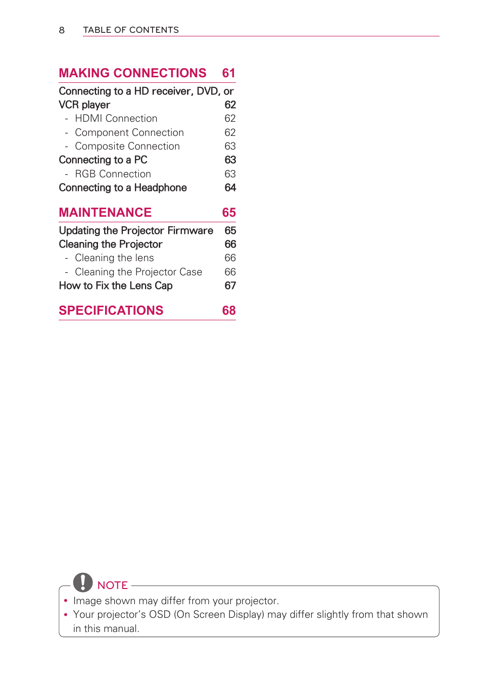 Making connections 61, Maintenance 65, Specifications 68 | LG HW301G User Manual | Page 8 / 70