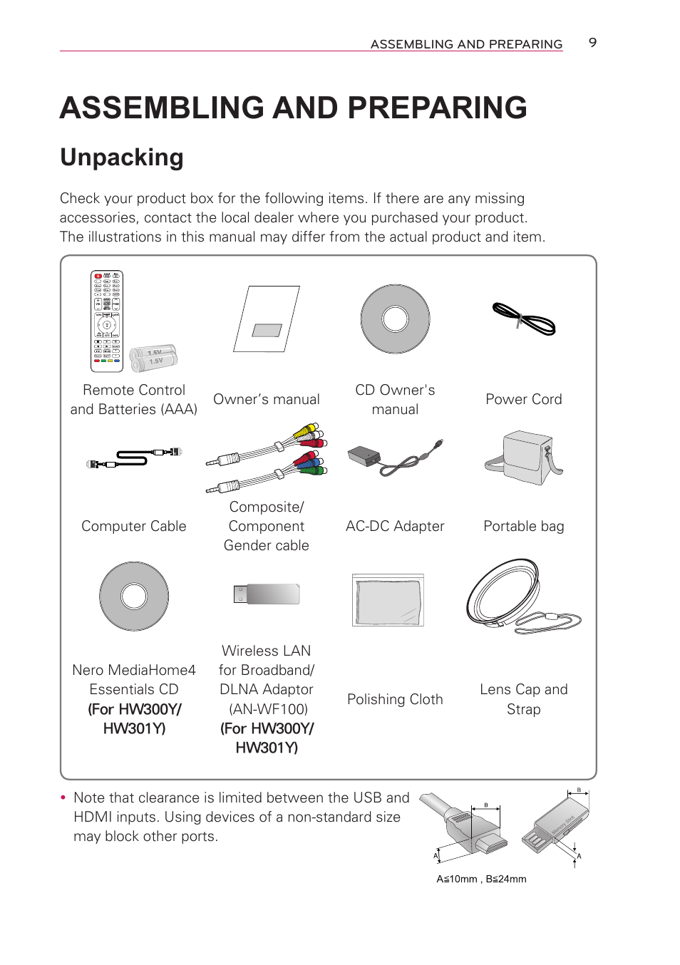 Assembling and preparing, Unpacking, Assembling and prepar | LG HW301G User Manual | Page 9 / 70