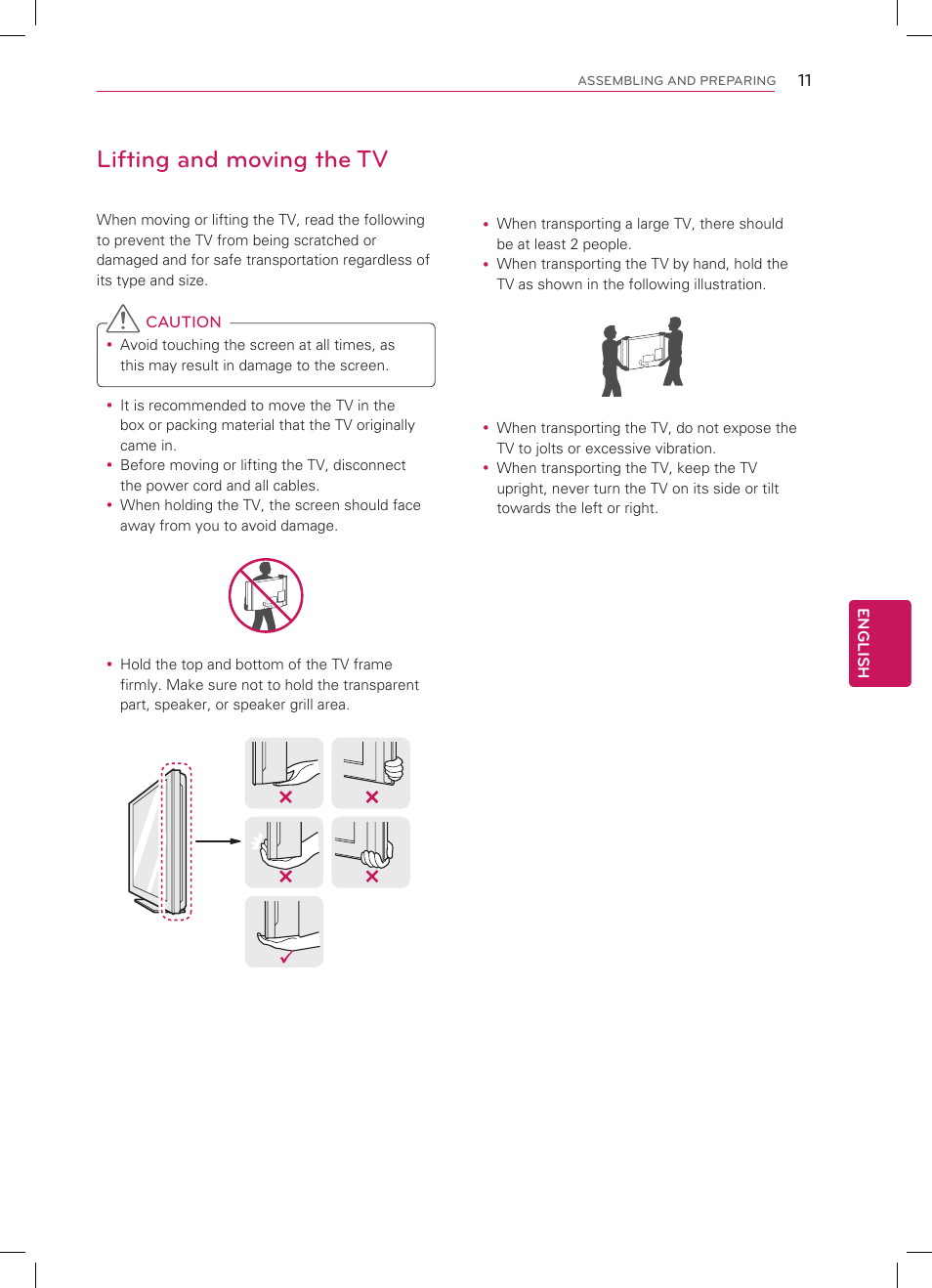 Lifting and moving the tv | LG 55LS4600 User Manual | Page 11 / 32
