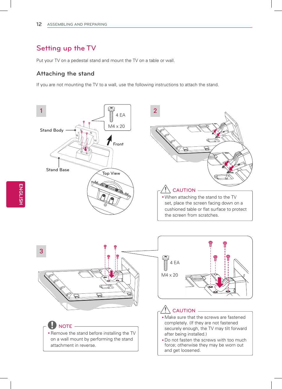 Setting up the tv, Attaching the stand | LG 55LS4600 User Manual | Page 12 / 32