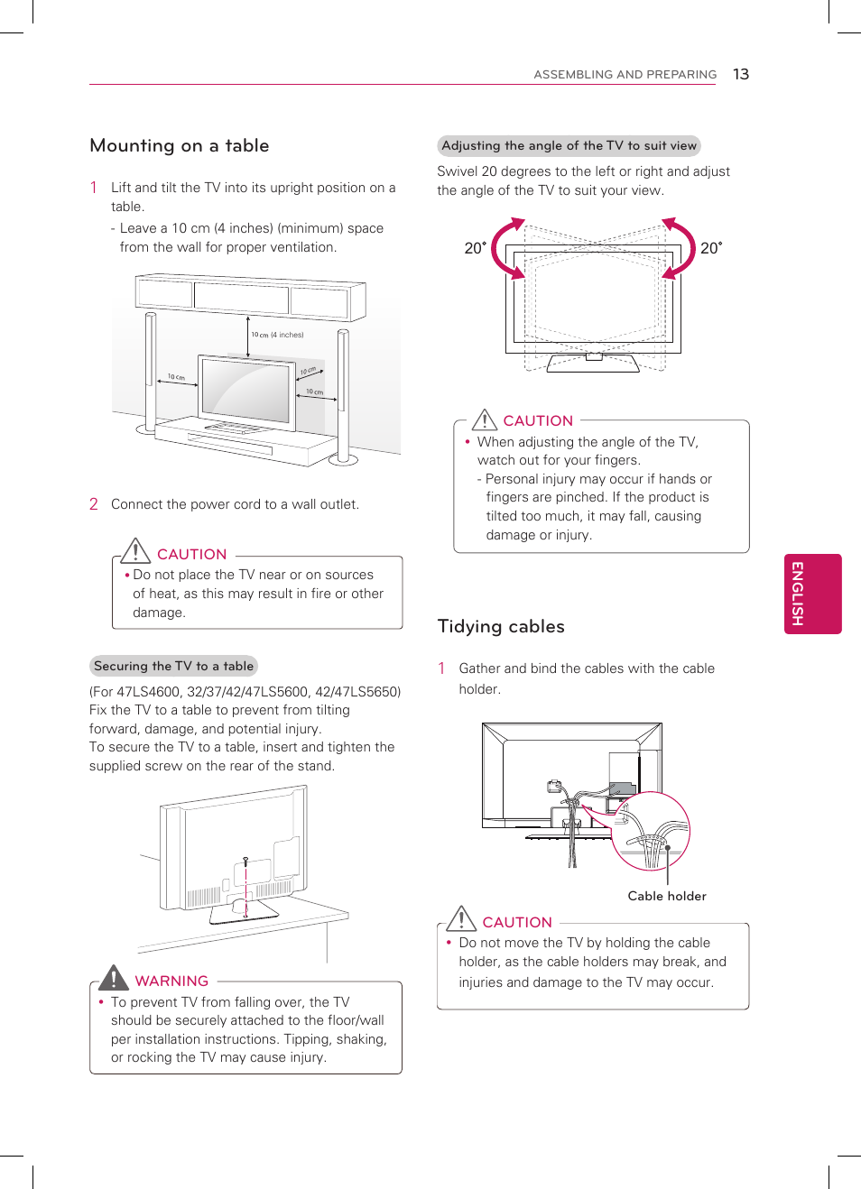 Mounting on a table, Tidying cables | LG 55LS4600 User Manual | Page 13 / 32