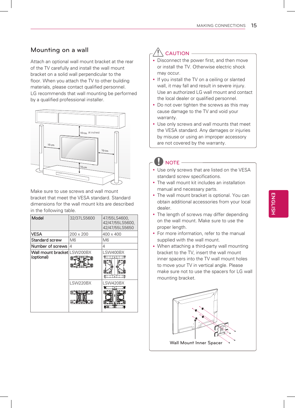 Mounting on a wall | LG 55LS4600 User Manual | Page 15 / 32
