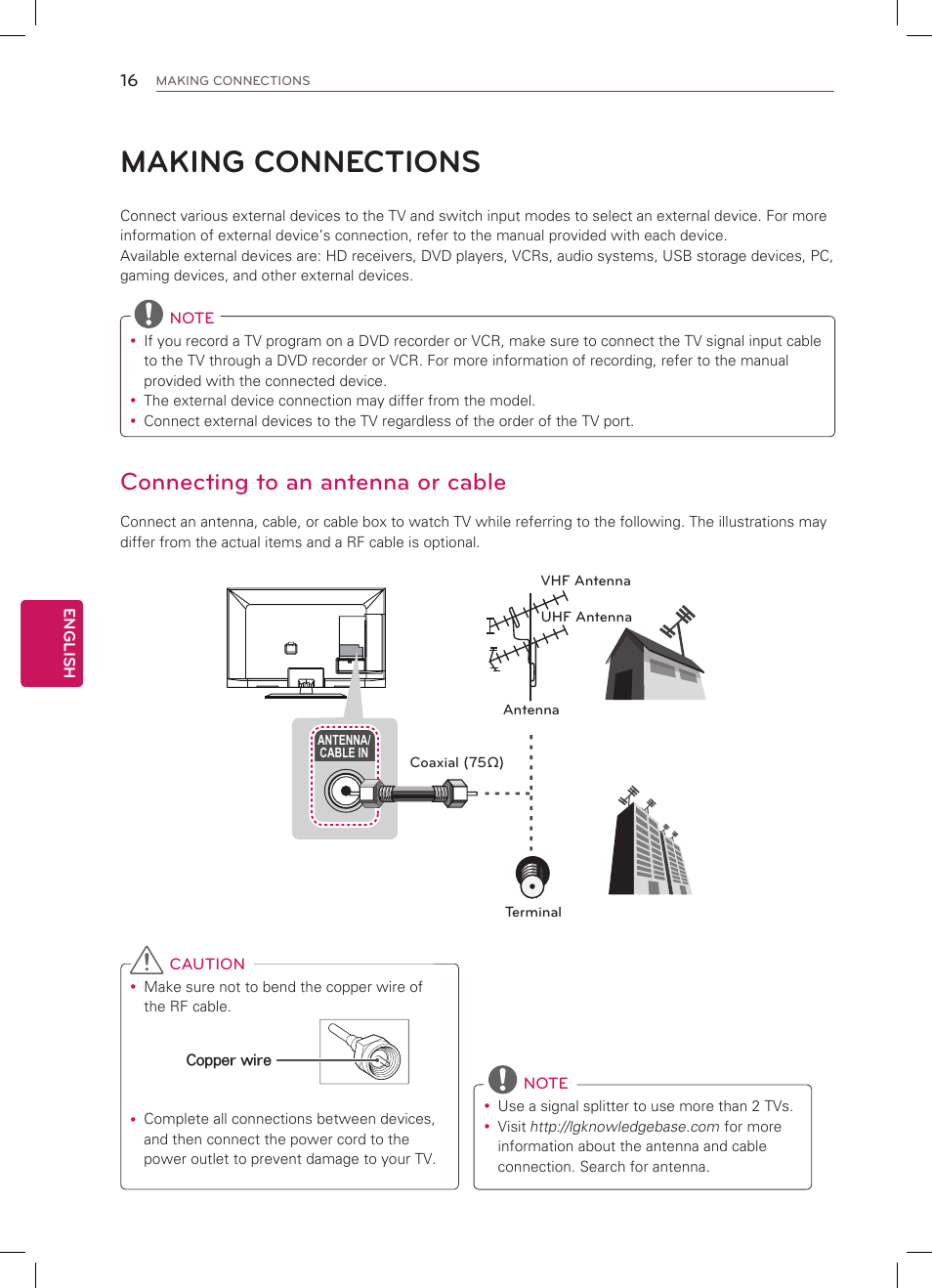 Making connections, Connecting to an antenna or cable | LG 55LS4600 User Manual | Page 16 / 32