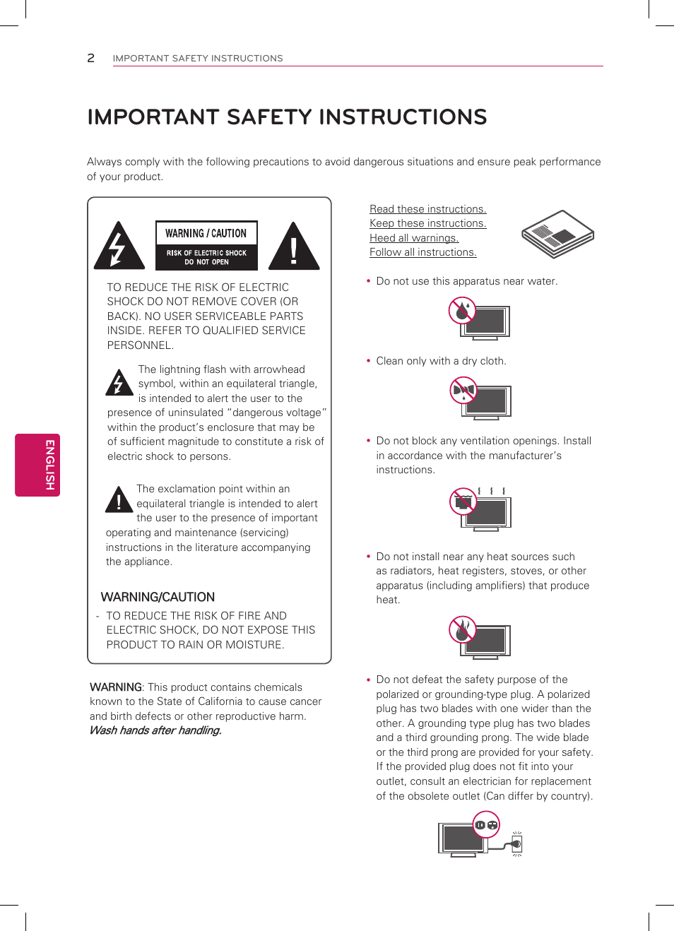 Important safety instructions | LG 55LS4600 User Manual | Page 2 / 32