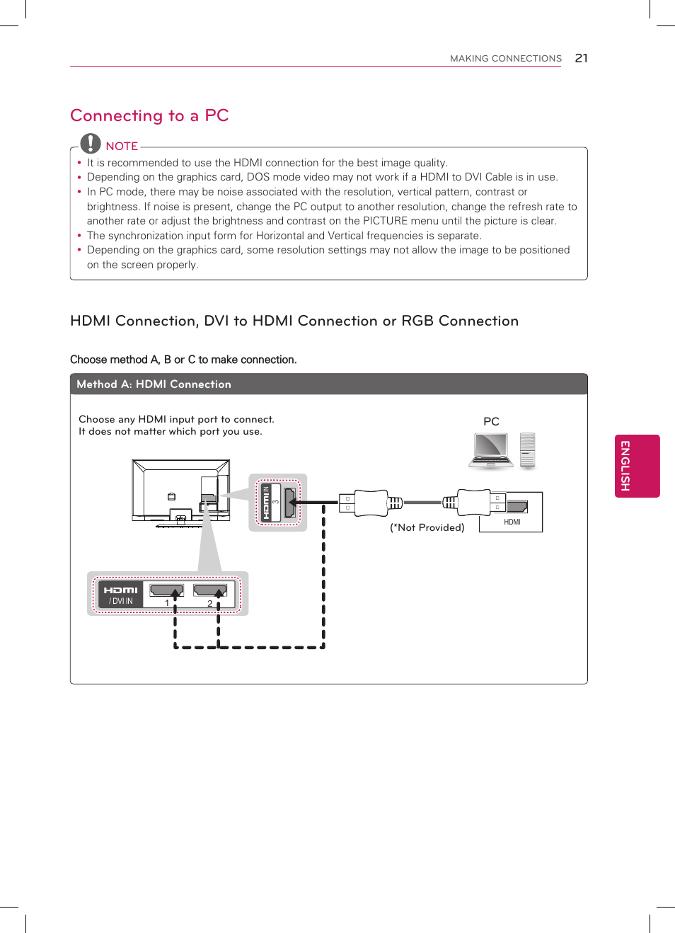 Connecting to a pc | LG 55LS4600 User Manual | Page 21 / 32
