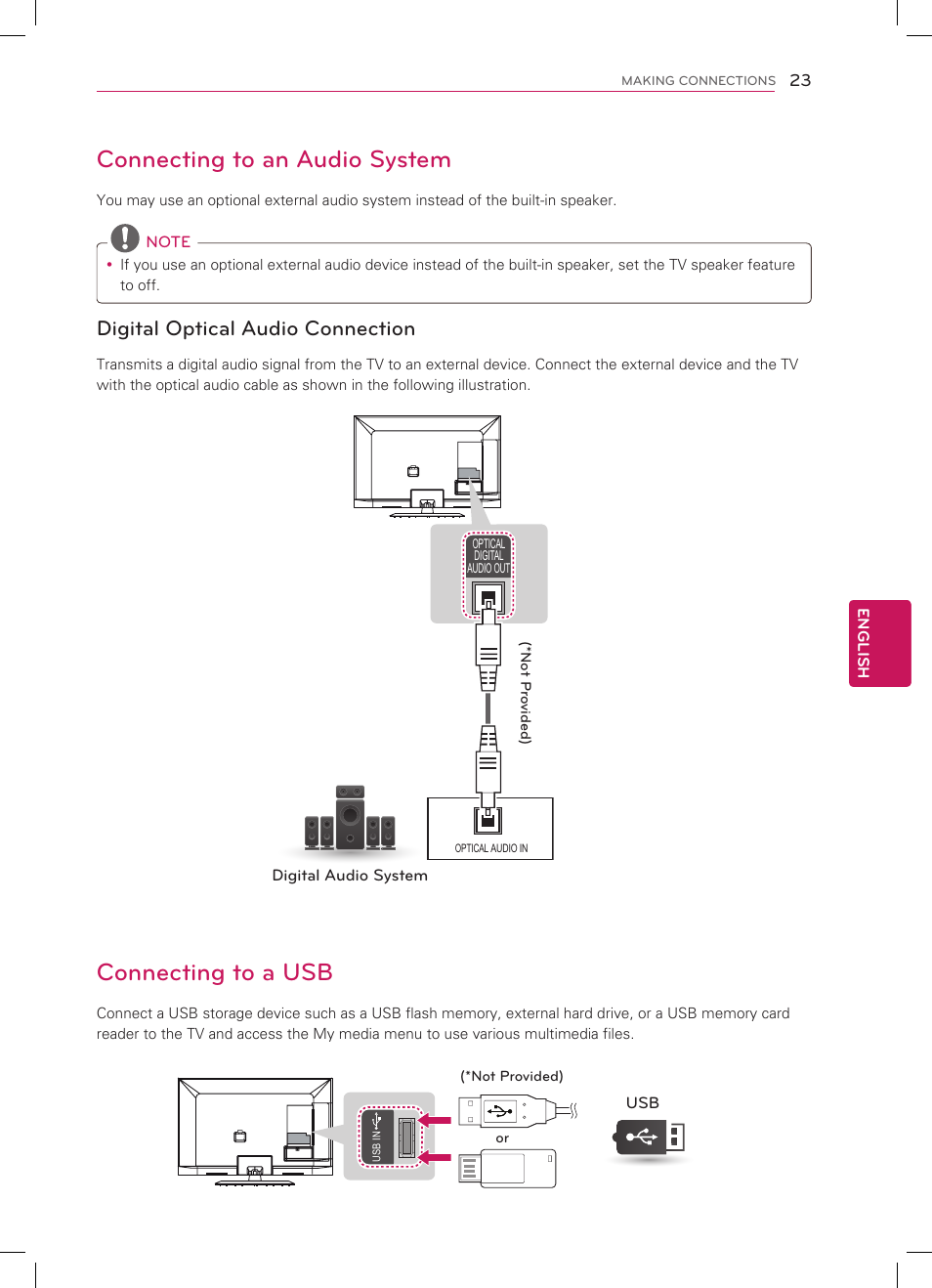 Connecting to an audio system, Connecting to a usb, Digital optical audio connection | LG 55LS4600 User Manual | Page 23 / 32