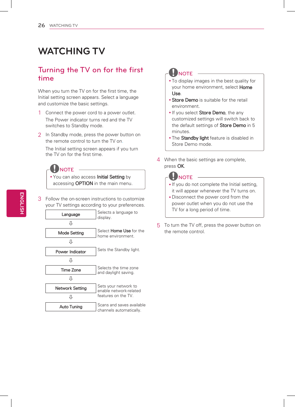 Watching tv, Turning the tv on for the first time | LG 55LS4600 User Manual | Page 26 / 32