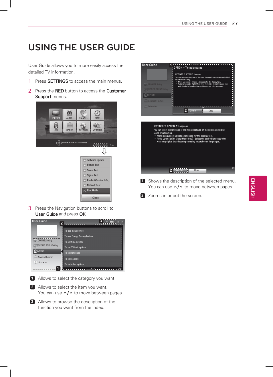 Using the user guide, English, Press settings to access the main menus | Allows to select the category you want, Zooms in or out the screen | LG 55LS4600 User Manual | Page 27 / 32