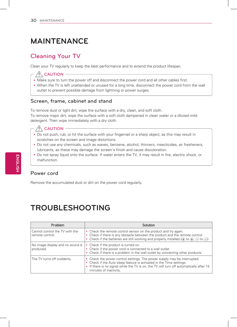 Maintenance, Troubleshooting, Cleaning your tv | Screen, frame, cabinet and stand, Power cord | LG 55LS4600 User Manual | Page 30 / 32