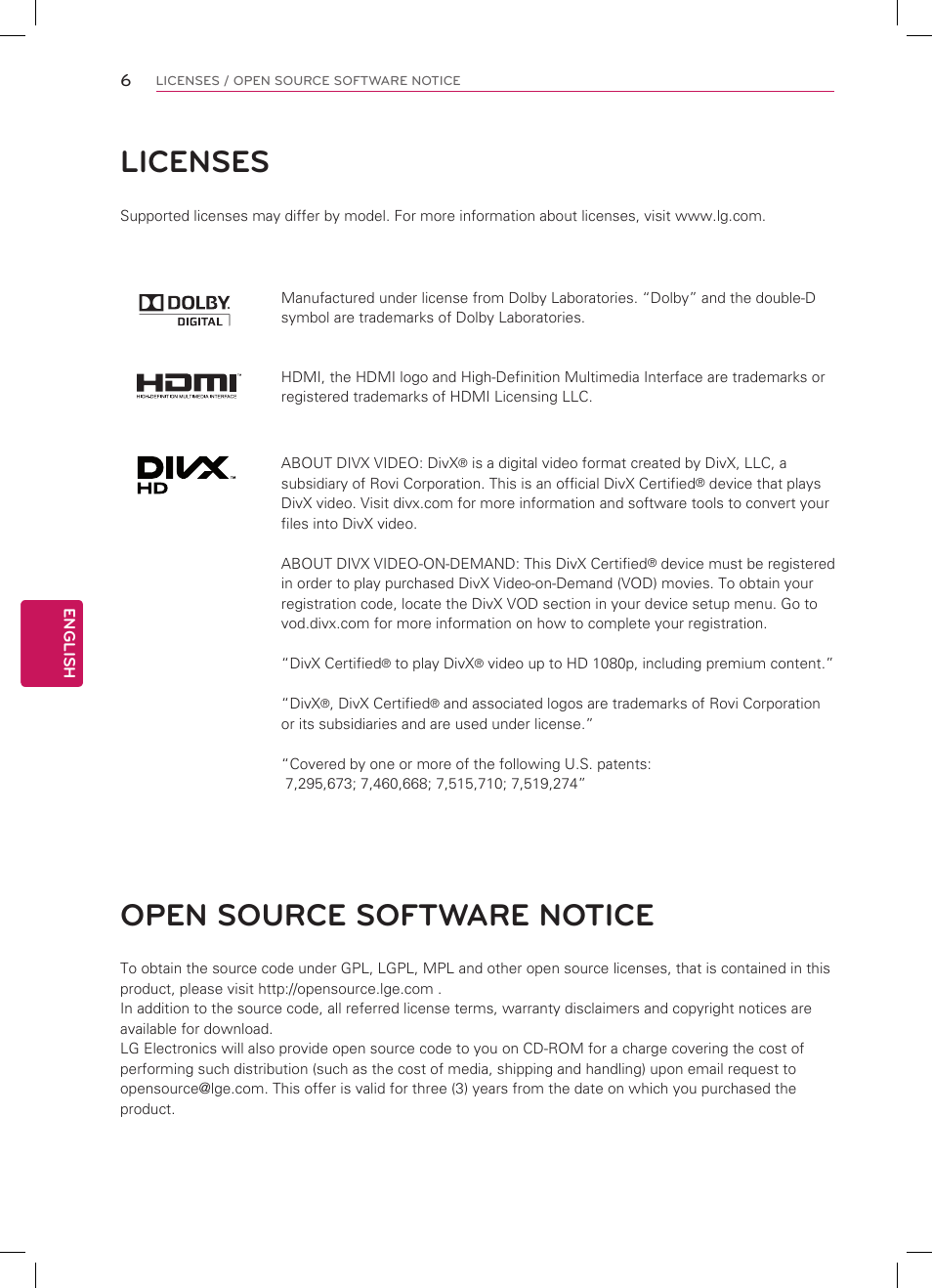 Licenses, Open source software notice | LG 55LS4600 User Manual | Page 6 / 32