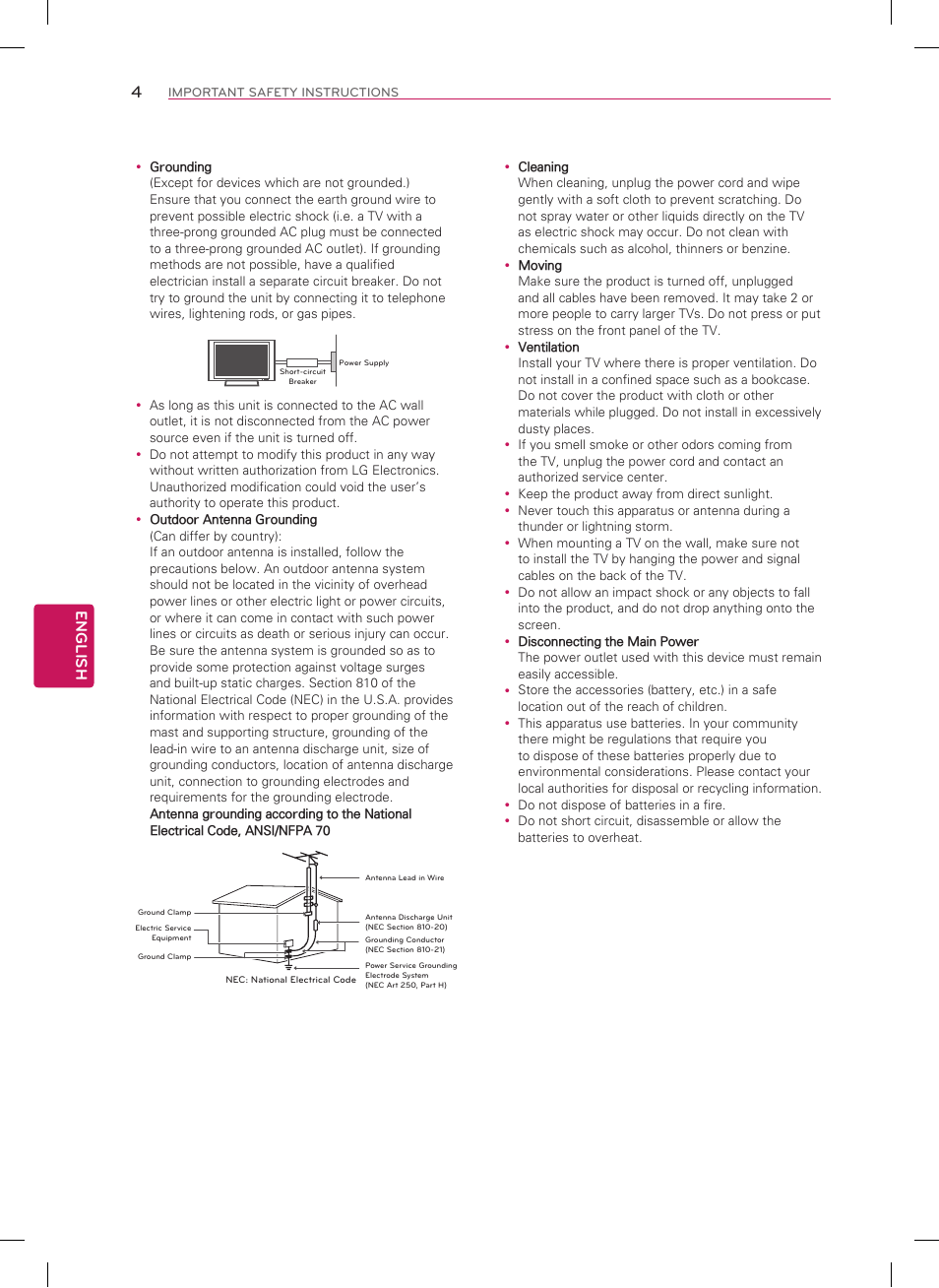 Short-circuit breaker power supply, English | LG 42LN5700 User Manual | Page 4 / 52