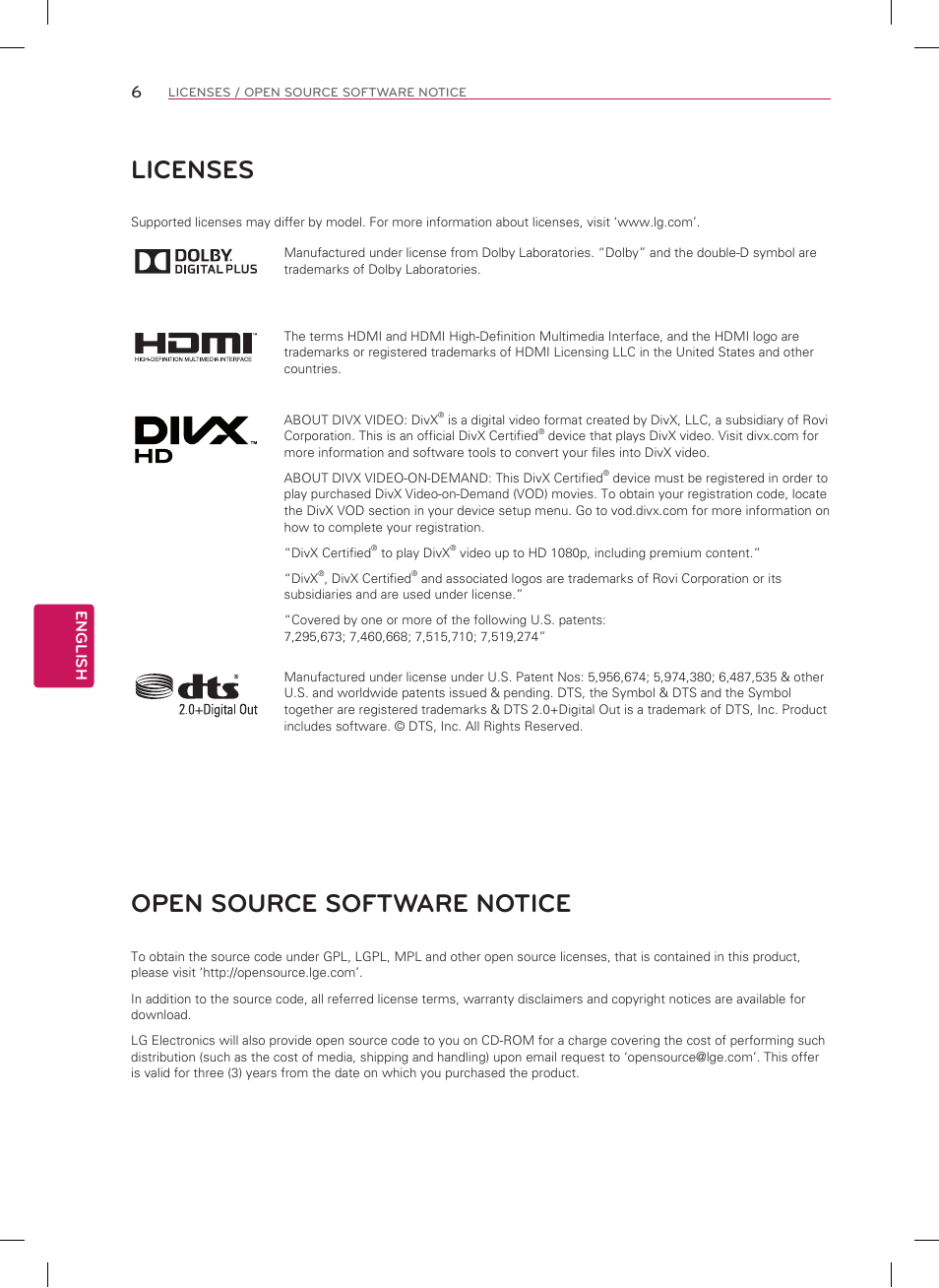 Licenses, Open source software notice | LG 42LN5700 User Manual | Page 6 / 52