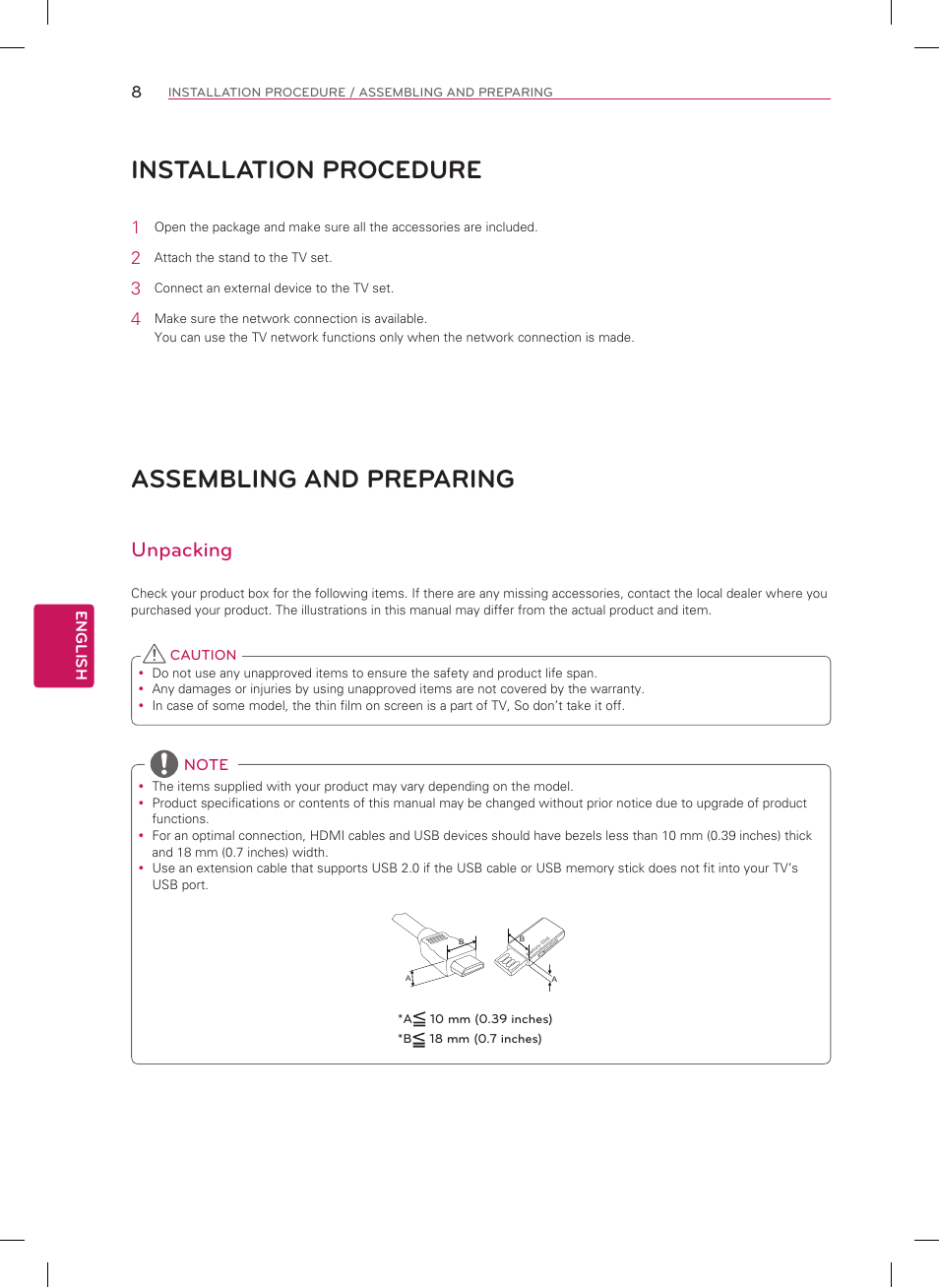 Installation procedure, Assembling and preparing, Unpacking | LG 42LN5700 User Manual | Page 8 / 52