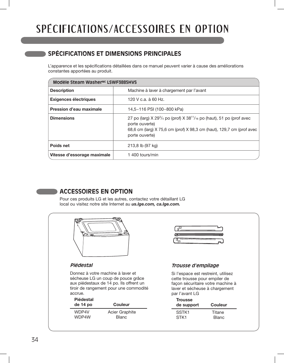 Spécifications et dimensions principales, Accessoires en option | LG LSWF388HVS User Manual | Page 106 / 108