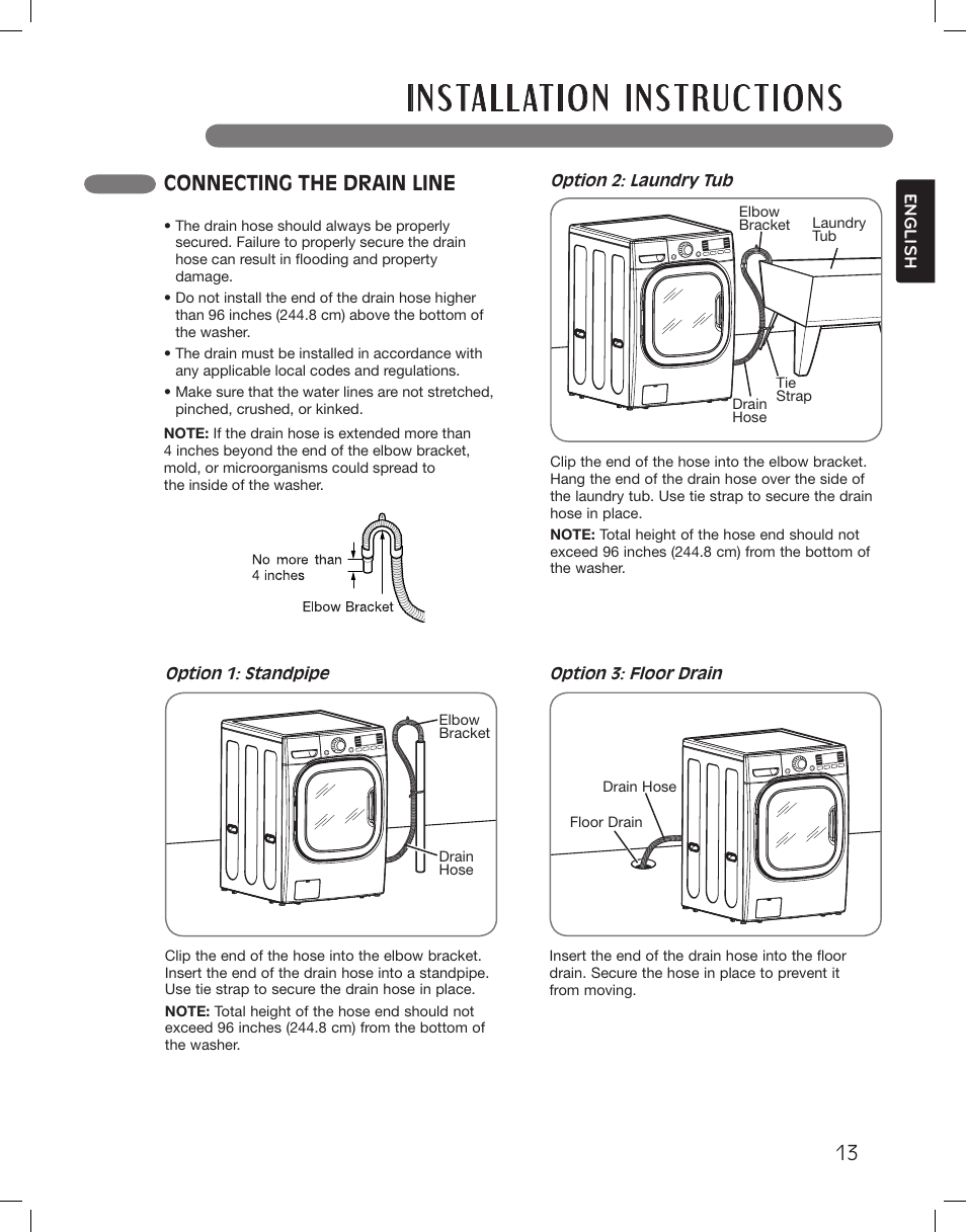Connecting the drain line | LG LSWF388HVS User Manual | Page 13 / 108