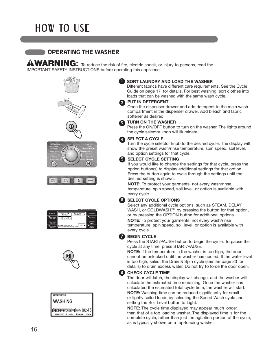 H o w to u s e, Wwarning, Operating the washer | LG LSWF388HVS User Manual | Page 16 / 108