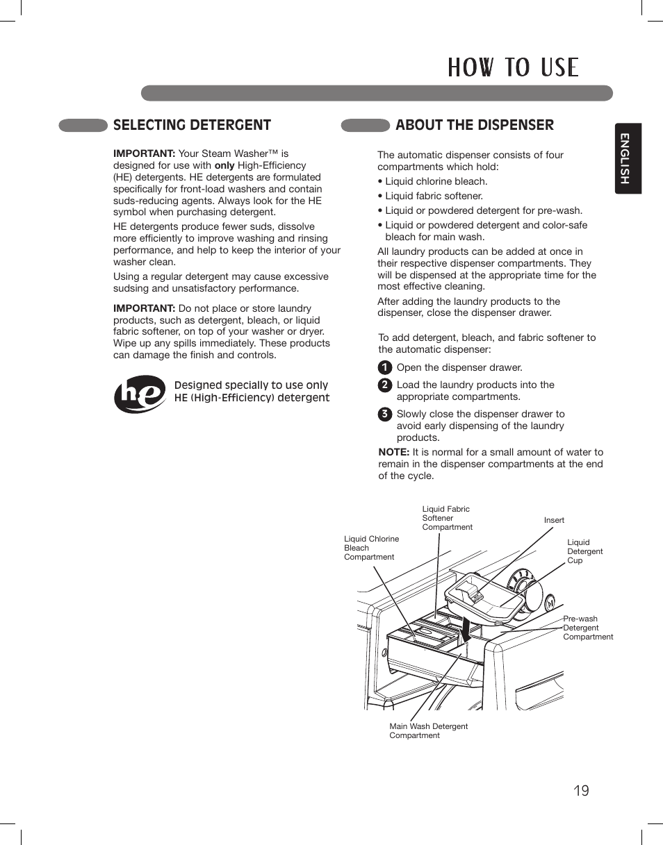 H o w to u s e, Selecting detergent about the dispenser | LG LSWF388HVS User Manual | Page 19 / 108