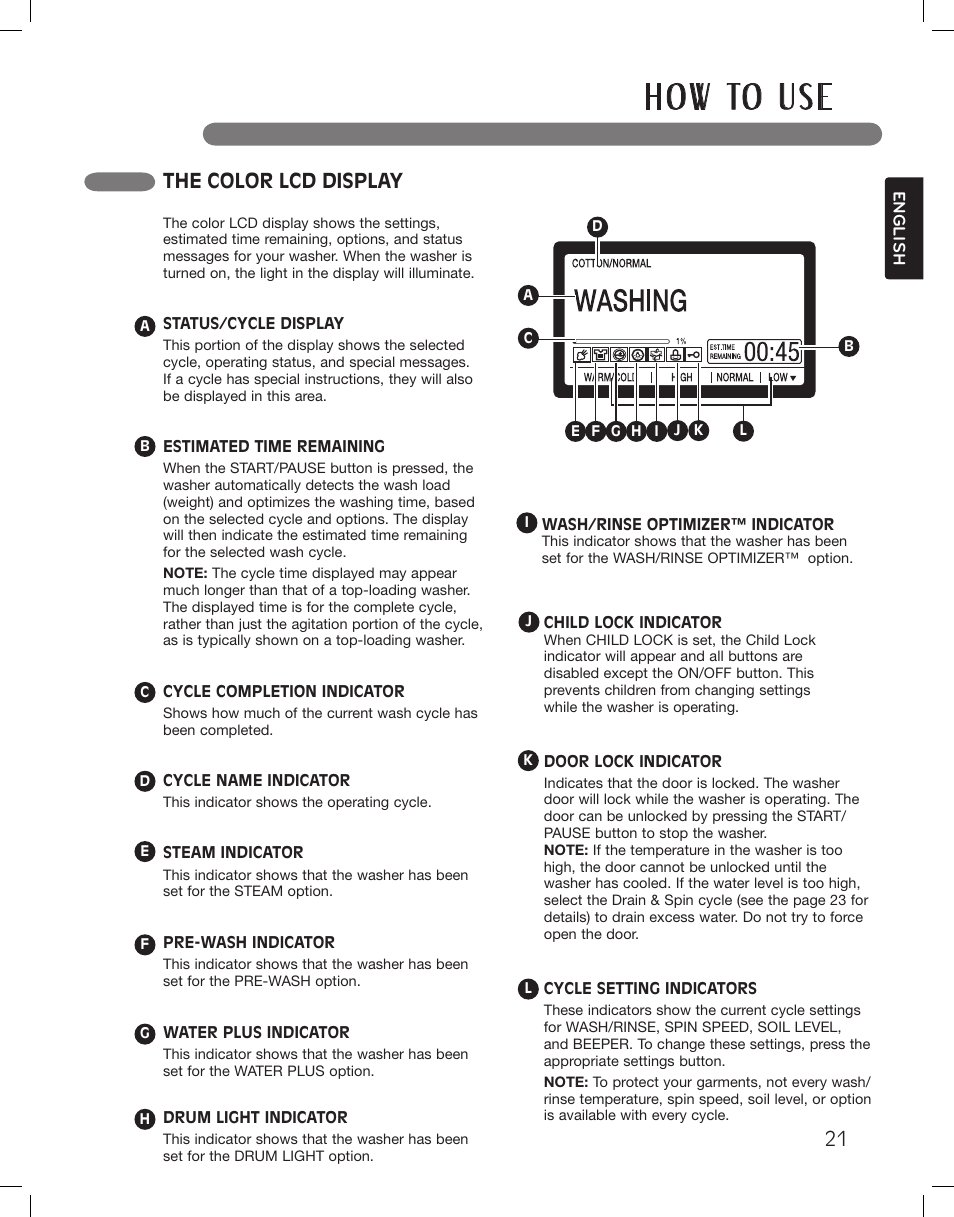 H o w to u s e, The color lcd display | LG LSWF388HVS User Manual | Page 21 / 108