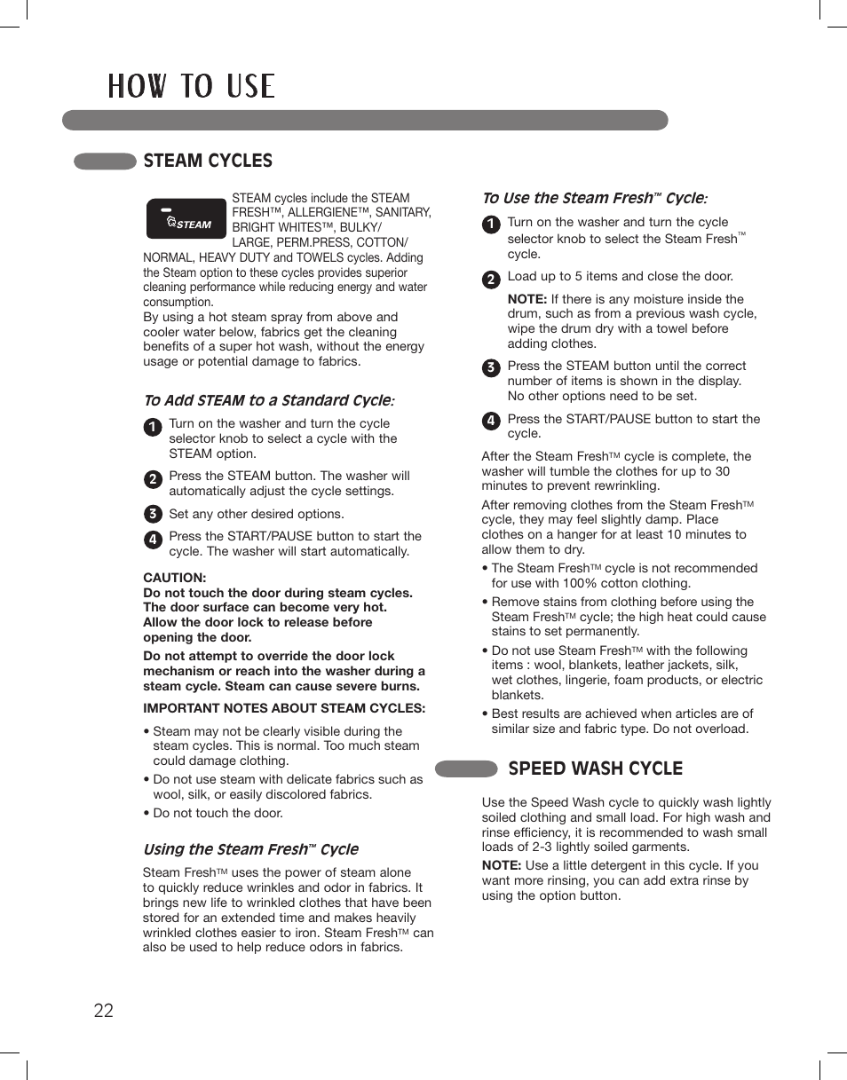 H o w to u s e, Steam cycles speed wash cycle | LG LSWF388HVS User Manual | Page 22 / 108