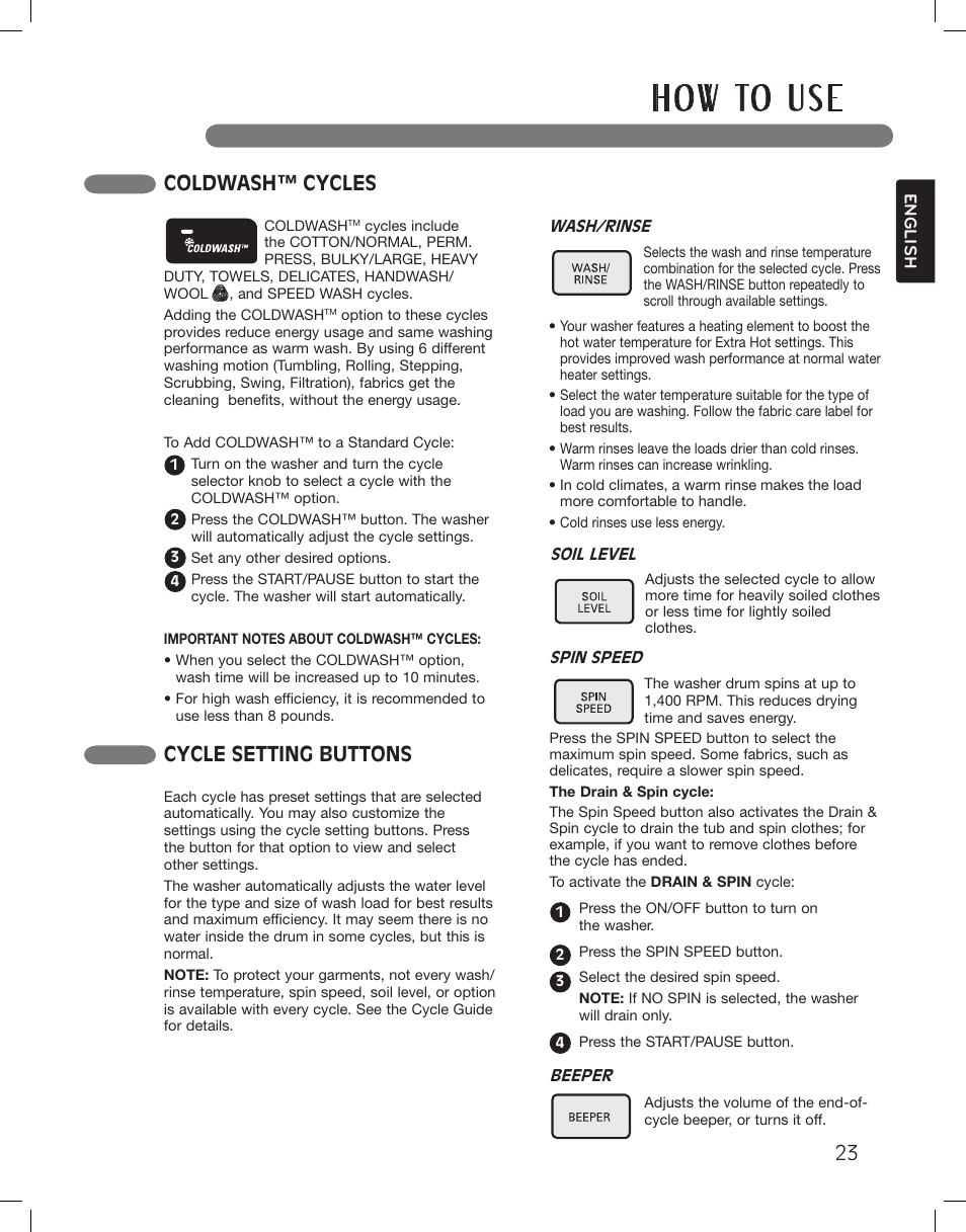 H o w to u s e, Cycle setting buttons, Speed wash cycle | Coldwash™ cycles | LG LSWF388HVS User Manual | Page 23 / 108