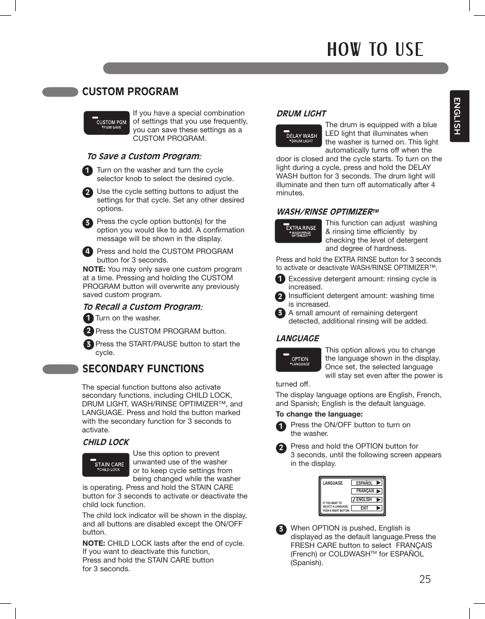 H o w to u s e, Custom program, Secondary functions | LG LSWF388HVS User Manual | Page 25 / 108