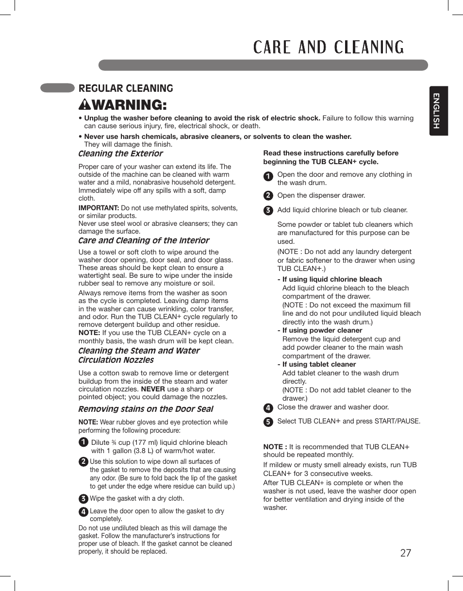 Wwarning, Regular cleaning | LG LSWF388HVS User Manual | Page 27 / 108