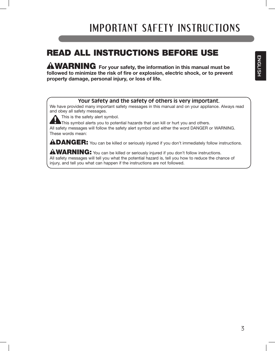 Wwarning, Read all instructions before use, Wdanger | LG LSWF388HVS User Manual | Page 3 / 108