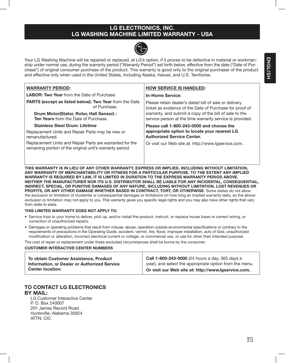 LG LSWF388HVS User Manual | Page 35 / 108