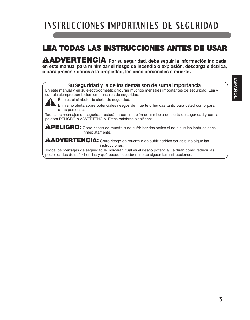 Lea todas las instrucciones antes de usar, Wpeligro, Wadvertencia | LG LSWF388HVS User Manual | Page 39 / 108