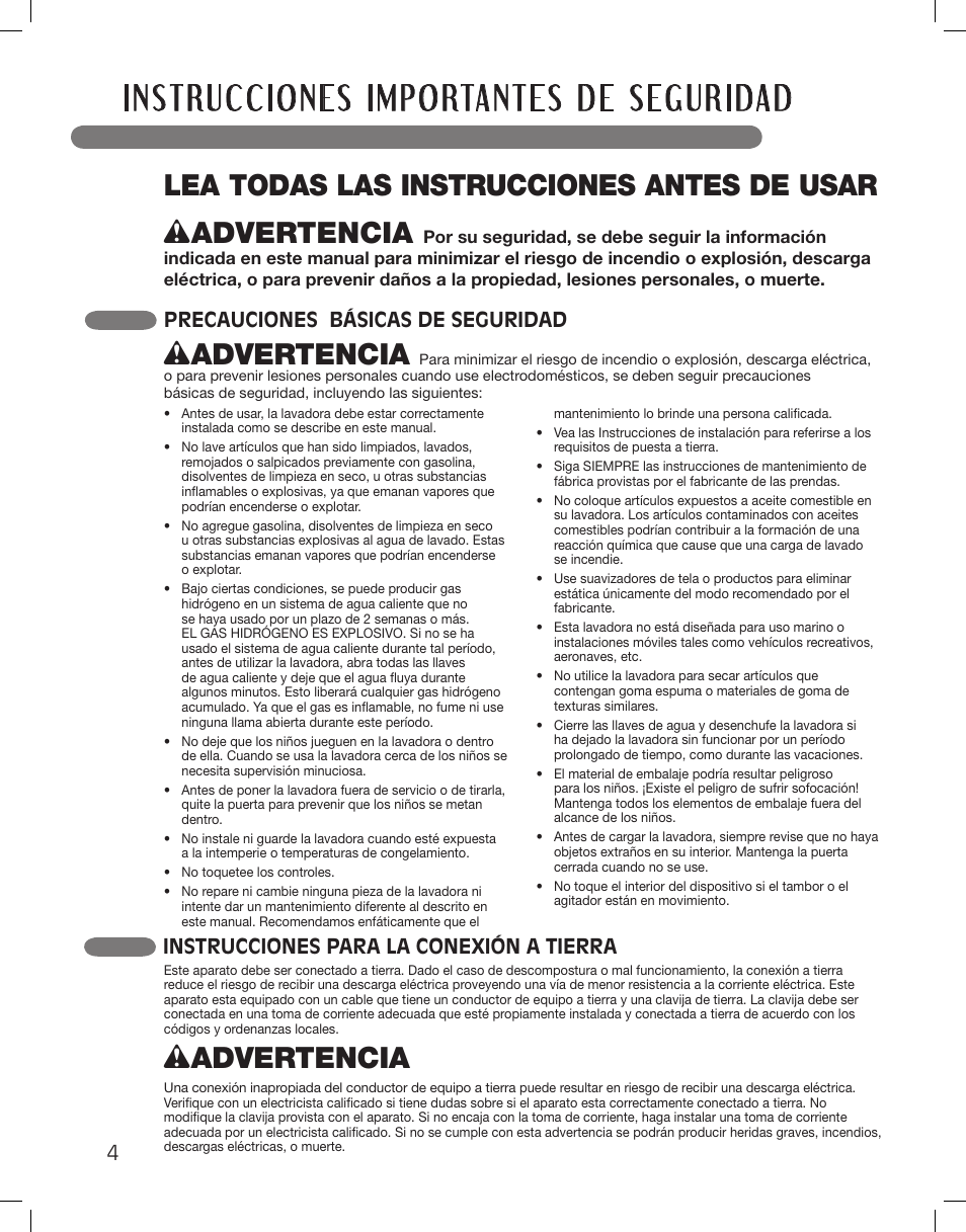 Wadvertencia, Precauciones básicas de seguridad, Instrucciones para la conexión a tierra | LG LSWF388HVS User Manual | Page 40 / 108