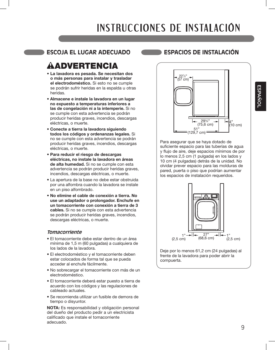 Wadvertencia, Escoja el lugar adecuado espacios de instalación | LG LSWF388HVS User Manual | Page 45 / 108