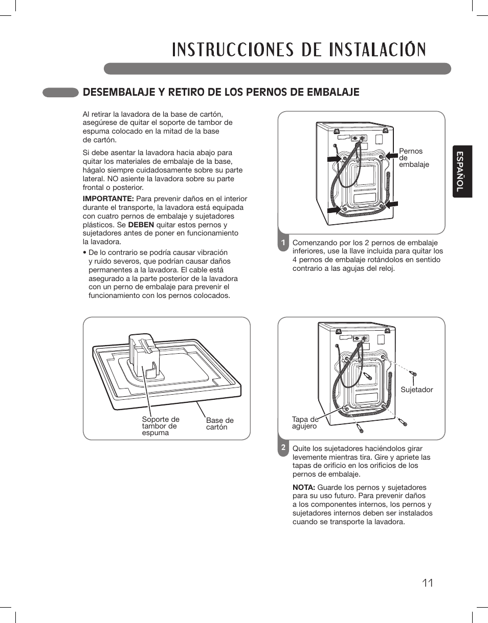 Desembalaje y retiro de los pernos de embalaje | LG LSWF388HVS User Manual | Page 47 / 108